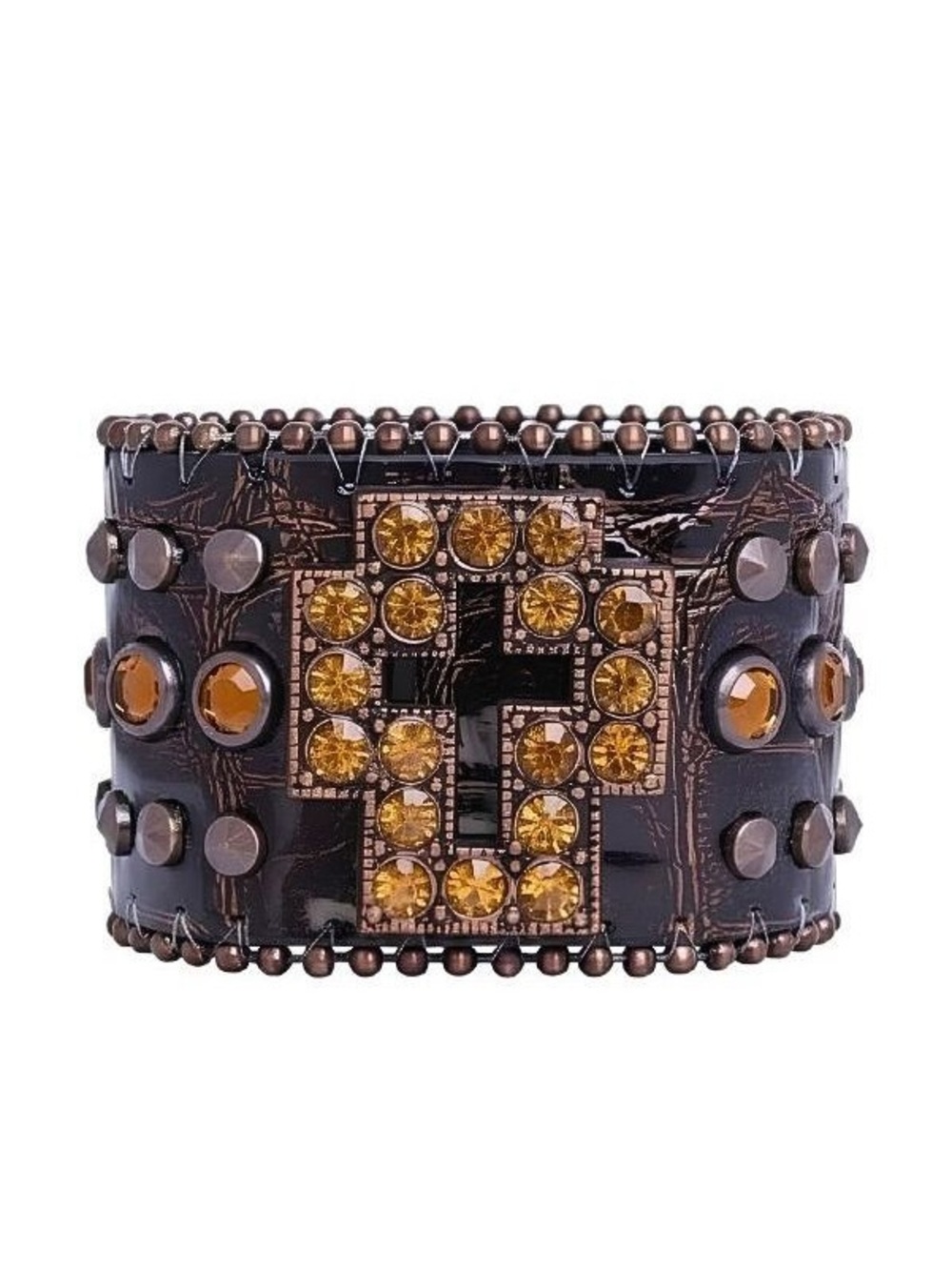 Women's Brown Leather Cuff Bracelet with Amber Crystal Accent